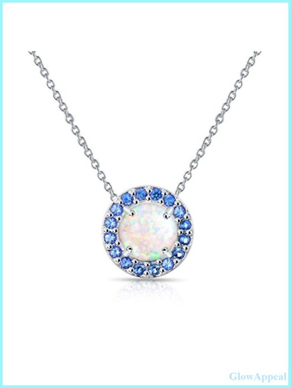 Sterling Silver Synthetic White Opal Halo Necklace 18 Inch Rolo Chain